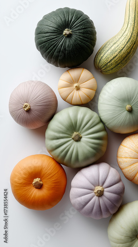 A pattern displaying a variety of vibrantly colored gourds against a white background, creating a minimalist fall aesthetic.