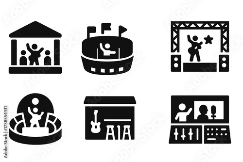 Rock Venues Icons. Solid, filled icon set of rock music venues: concert hall, stadium, nightclub, festival stage, outdoor arena, bar, rehearsal studio,