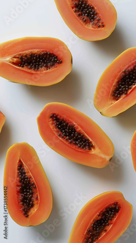 A pattern of vibrant papaya halves, creating a tropical fruit composition.