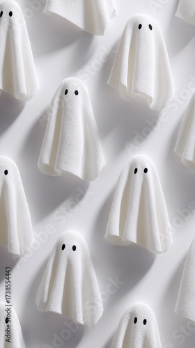 A pattern of ethereal white fabric ghosts floating  in a white blackground.