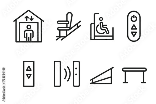 Residential Lift Icon Set. Outline icon set of residential lifts: home elevator, stairlift, wheelchair platform, control remote, call button, safety sensor,