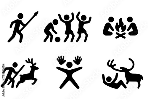 Cave Painting Icon Set. Solid, filled icon set of cave painting storytelling: hunter, gathering, ritual dance, fire circle, animal hunt, clan symbol, spiritual