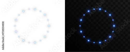 Blue string lights circle frame overlay. Perfect for isolated transparent PNG background element for portraits or product photos. Realistic glowing garland for festive, elegant border. LED garland PNG