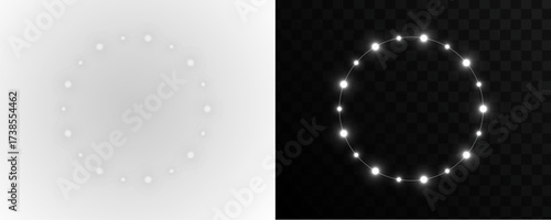 White string lights circle frame overlay. Perfect transparent PNG background element for portraits or product photos. Realistic glowing garland for festive, elegant border. LED garland PNG