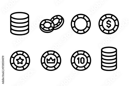 Poker Icons Set. Outline icon set of poker betting: chip stack, chip pile, single chip, chip with dollar sign, chip with star, chip with crown, chip with
