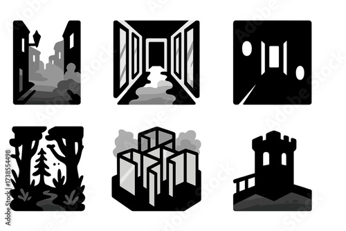 Invisibility Icon Grid. Solid, filled icon set of invisibility-related environments: foggy alley, mirror hallway, shadowy corridor, magical forest, glass maze,