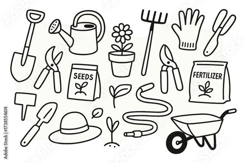 Garden Tools Doodle. Hand-drawn doodle illustration Home gardening tools shovel, watering can, gloves, rake, pruning shears, flower pot, garden fork, trowel,