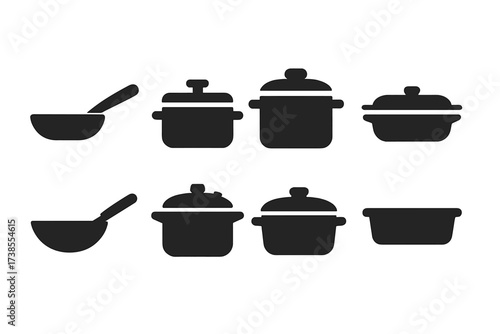 Black Kitchen Cookware Icons. Solid, filled icon set of kitchen cookware: frying pan, saucepan, stockpot, casserole dish, wok, pressure cooker, Dutch oven,