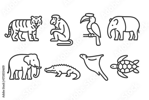 Malaysian Animals and Architecture. Outline icon set of Malaysian animals: Malayan tiger, proboscis monkey, hornbill, tapir, Asian elephant,