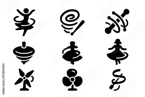 Twirl Object Icons. Solid, filled icon set of twirl objects: spinning dancer, ribbon twirl, baton twirl, twirling skirt, spinning top, windmill, rotating fan,