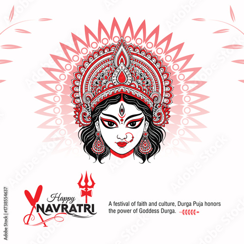 Illustration of goddess durga for the hindu festival of navratri, the nine nights of navratri are dedicated to the nine forms of durga the festival is celebrated with great enthusiasm and devotion