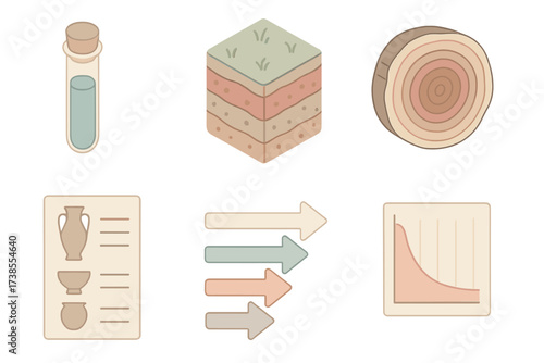 Archaeological Dating Techniques. Isometric vector illustration set Archaeological dating techniques: carbon dating vial,