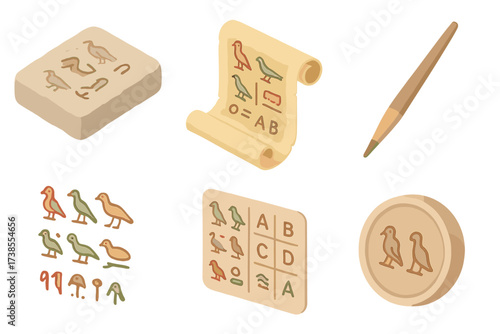 Ancient Writing Icons. Isometric vector illustration set Hieroglyph writing system: carved stone tablet, painted papyrus scroll,