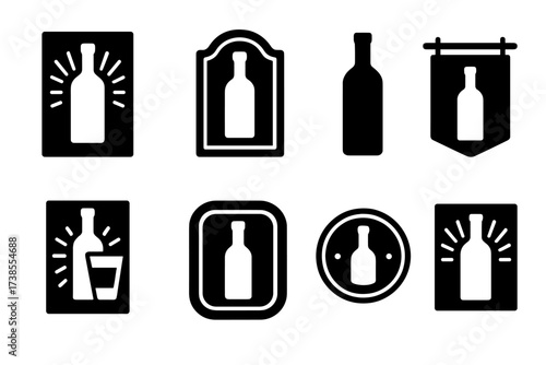 Vodka Branding Icons. Solid, filled icon set of vodka advertising and branding: logo design, label, bottle silhouette, slogan banner, promotional flyer, neon