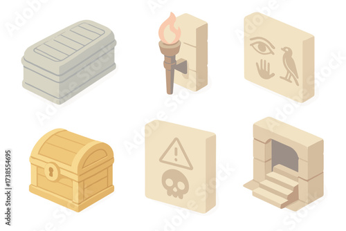 Lost Tomb Icons. Isometric vector illustration set Lost tomb mysteries: sealed stone sarcophagus, hidden passage torch, secret