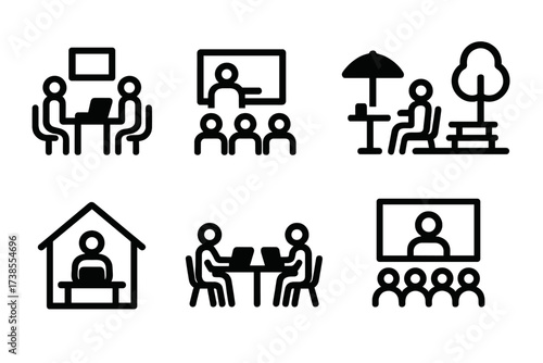 Meeting Location Icons. Solid, filled icon set of meeting locations: office room, conference hall, coffee shop, outdoor park, home office, coworking space,