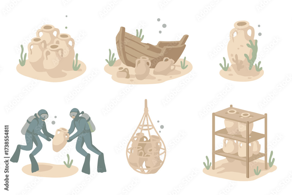 Obraz premium Underwater Amphora Discovery. Isometric vector illustration set Maritime amphora cargo: amphora cluster underwater, shipwreck site