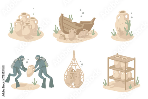 Underwater Amphora Discovery. Isometric vector illustration set Maritime amphora cargo: amphora cluster underwater, shipwreck site