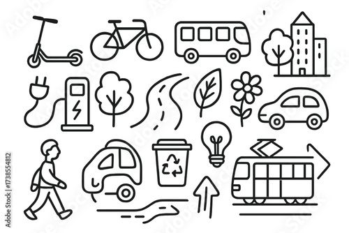 Green Mobility Doodles. Hand-drawn doodle illustration Green mobility electric scooter, bicycle, bus, car charging station, plug, road, tree, leaf, flower,