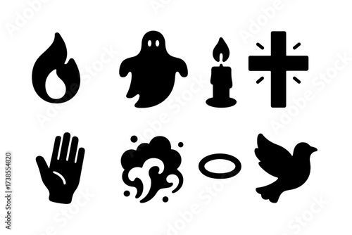 Spiritual Graveyard Icons. Solid, filled icon set of spiritual graveyard elements: wisp flame, ethereal figure, spirit candle, glowing cross, blessing hand,