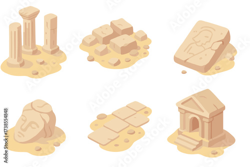 Desert Ruins Icons. Isometric vector illustration set Desert ruins decay: sand-drifted columns, eroded sandstone blocks, fractured
