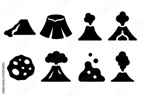 Volcanic Icon Set. Solid, filled icon set of volcanic geothermal features: lava flow, volcanic crater, fumarole, magma chamber, volcanic rock, ash cloud, hot