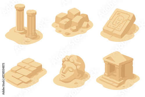 Desert Ruins Icons. Isometric vector illustration set Desert ruins decay: sand-drifted columns, eroded sandstone blocks, fractured