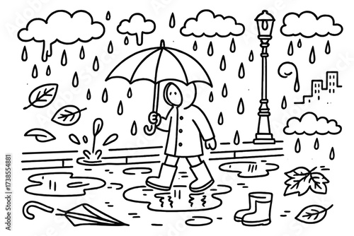 Rainy Day Stroll. Hand-drawn doodle illustration Reflective walk in the rain person with umbrella, puddles, raindrops, rain boots, wet leaves, raincoat,