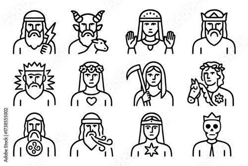 Slavic Mythology Icons. Slavic Mythology. Line icon set of Slavic Mythology: Perun, Veles, Mokosh, Svarog, Dazhbog, Lada, Morana, Jarilo, Rod, Stribog, Zorya,