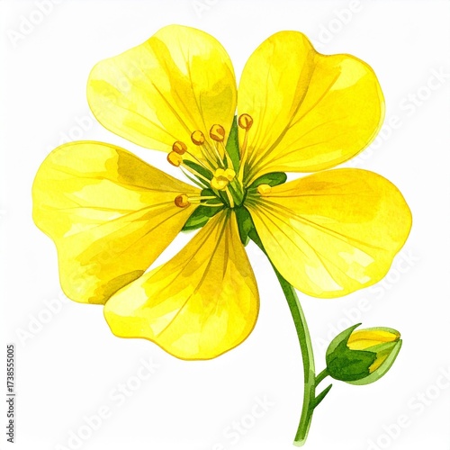 A vibrant, detailed watercolor painting of a single yellow flower, displaying its petals and pistil, next to a closed bud