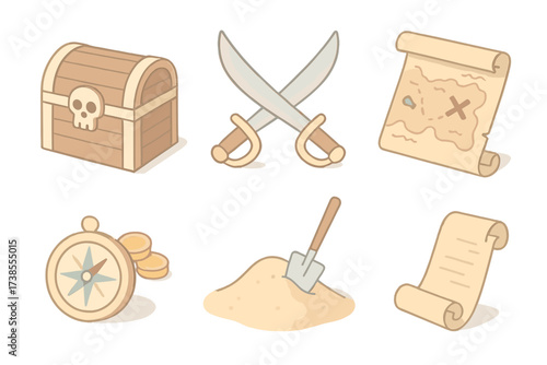 Pirate Treasure Icons. Isometric vector illustration set Pirate treasure symbols: chest with skull carving, crossed cutlass swords