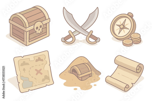 Pirate Treasure Icons. Isometric vector illustration set Pirate treasure symbols: chest with skull carving, crossed cutlass swords