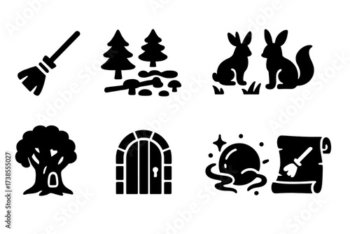 Folklore Icon Set. Solid, filled icon set of ritual broom in folklore stories: enchanted forest, fairy circle, magical animals, ancient tree, hidden door,