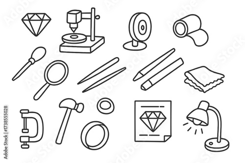 Jewelry Making Tools. Hand-drawn doodle illustration jewelry making gemstone, faceting machine, polishing wheel, loupe, cutting tool, magnifying glass,