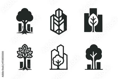 Urban Sustainability Logos. Urban sustainability strategies. Set Logo of urban sustainability strategies: tree integrated with skyscraper. harmonious logo