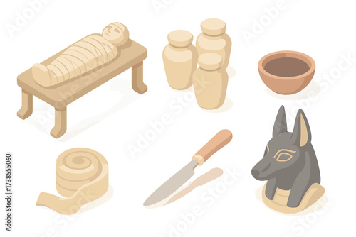 Mummification Process Icons. Isometric vector illustration set Mummification process elements: embalming table, natron salt jars,