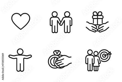 Trust Icon Set. Outline icon set of trust in relationships: heart, couple holding hands, family, gift exchange, open arms, wedding rings, support, shared