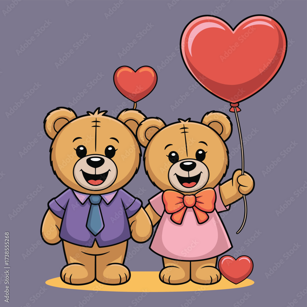 Fototapeta premium Cute teddy bears holding heart balloons