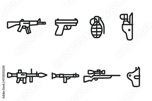 Airborne Weapons Outlines. Outline icon set of airborne weapons: assault rifle, handgun, grenade, combat knife, machine gun, rocket launcher, sniper rifle,