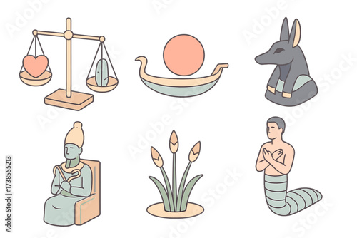 Egyptian Afterlife Icons. Isometric vector illustration set Afterlife belief imagery: scales of Ma’at weighing heart, Ra sun disk