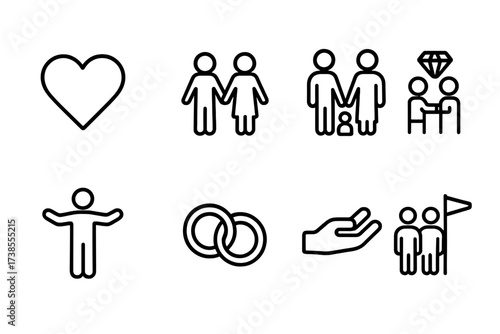 Trust Icon Set. Outline icon set of trust in relationships: heart, couple holding hands, family, gift exchange, open arms, wedding rings, support, shared