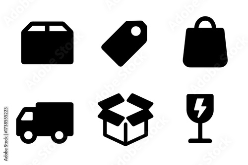 Delivery Icon Set. Solid, filled icon set of delivery package: shipping box, parcel tag, packing tape, courier bag, delivery truck, opened box, fragile sign,