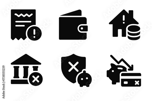Financial Trouble Icons. Solid, filled icon set of financial trouble signs: overdue bills, empty wallet, debt pile, foreclosure notice, bankruptcy, loan