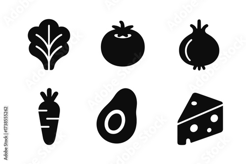 Salad Ingredients Icons. Solid, filled icon set of salad ingredients: lettuce, tomato, cucumber, onion, carrot, avocado, olive, cheese. Line icons in only