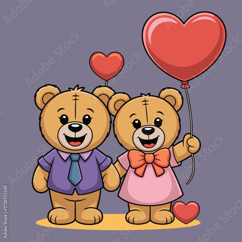 Cute teddy bears holding heart balloons