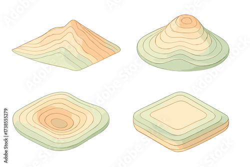 Isometric Topographic Mapping. Isometric vector illustration set topographic map contour elevation: mountain ridge layered lines,