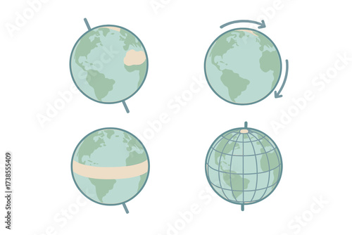 Isometric Earth Diagram. Isometric vector illustration set globe spin axis geography: earth axial tilt diagram, rotating globe