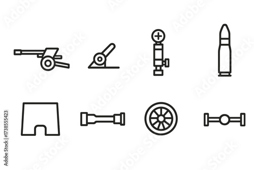 Anti-Tank Gun Icons. Outline icon set of anti-tank gun: cannon barrel, recoil mechanism, gun carriage, targeting sight, ammunition shell, shield plate, aiming