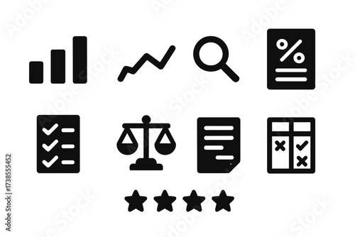 Interest Rate Icons. Solid, filled icon set of interest rate comparison: bar chart, line graph, magnifying glass, checklist, balance scale, report, rating