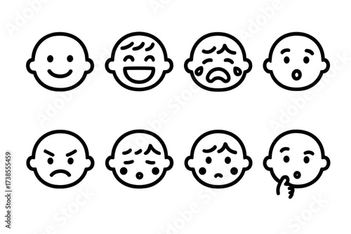 Children's Emotion Icons. Outline icon set of children?s emotions: smiling face, laughing child, crying child, surprised face, angry face, sleepy face, shy